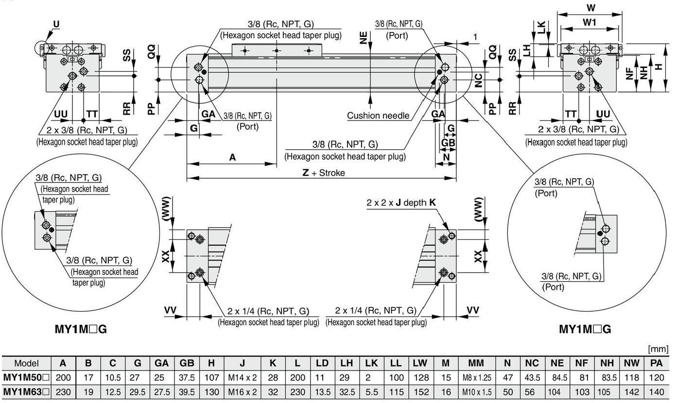 5 drawing dimension MY1M rodless pneumatic cylinder.jpg